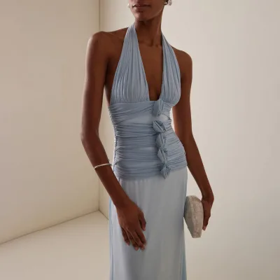 Evening Gown Resort-style Chic Halter-neck Slit Maxi Dress Deep V-neck Bold Open-back Design A-Line Silhouette Women's Dress
