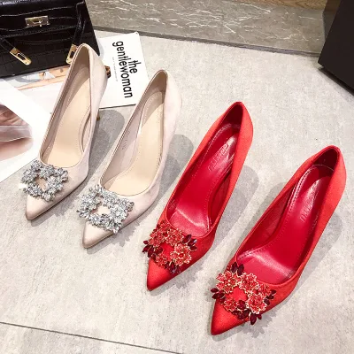Fashion Temperament Comfortable Shallow Mouth Pointed Thin Heel Princess Bridesmaid Diamond Temperament Flower Lady High Heel Sh