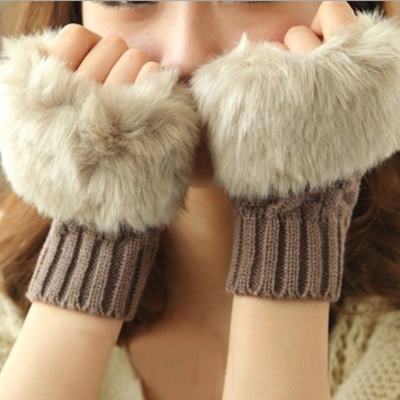 Wholesale Hand Wrist Crochet Knitted Fingerless Mittens Women Faux Rabbit Fur Winter Gloves