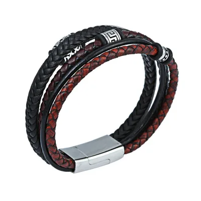 Hot Selling Professional Leather Wrap Stainless Steel Bead Charm Bracelet with Magnetic Lock