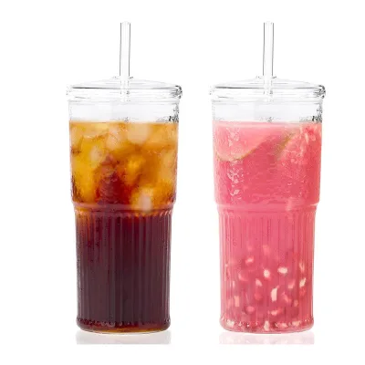 Hammered Vertical Stripe Glass Tumbler Clear Glass Cup with Glass Straw & Lid Reusable Vintage Glass Water Cup for Juice Latte