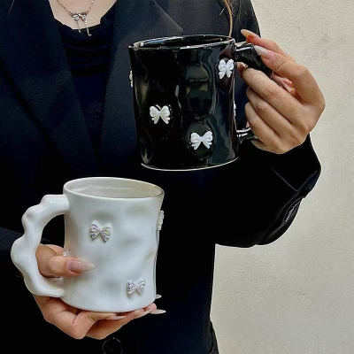M High-end Handcrafted Irregular Water Cup Gift, Fresh and Cute Cherry Blossom Art Ceramic Cup