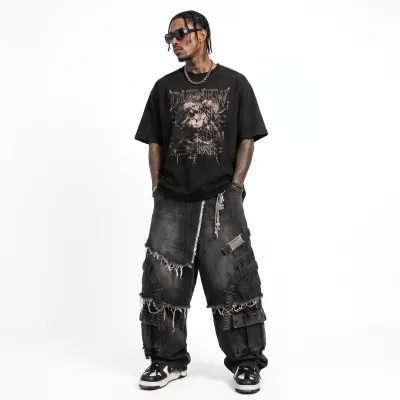 DiZNEW Washed Charcoal Black Grunge Punk Men's Baggy Cargo Jeans Y2K Streetwear Distressed Raw Hem Skirt Layer Techwear Trousers