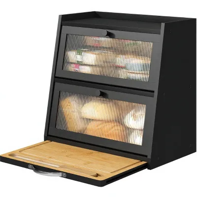 Bread Box Kitchen Counter Black Cutting Board Bamboo Wood Large Capacity Food Grade Storage Bin Acrylic Wavy Door Panel