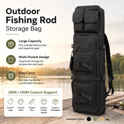 OEM Custom High Quality Large Waterproof Oxford Cloth Fishing Rod Bag Case Adjustable Shoulder/Waist Strap Sports Vintage Style