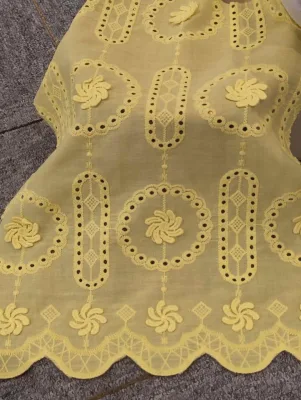 Pale Yellow Cotton Eyelet Embroidery Fabric, 3D Spiral Flower Cutwork Cotton Cloth with Scalloped Lace Hem for Summer Dress