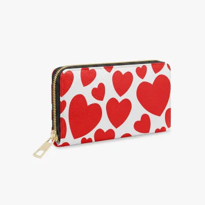 New Best Sale Custom Red Heart Print PU Leather Zipper Wallet White Love Heart Pattern Long Clutch Purse for Women Daily Commute