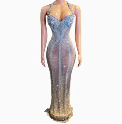 2025 Hot Selling Sexy Women Performance Clothes Halter Backless Sparkly Crystal Transparent Women Long Performance Dress