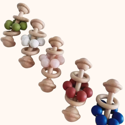 Classical Keepsake Toy Baby Gifts Wooden Silicone Toy Rings Newborn Baby Rattle