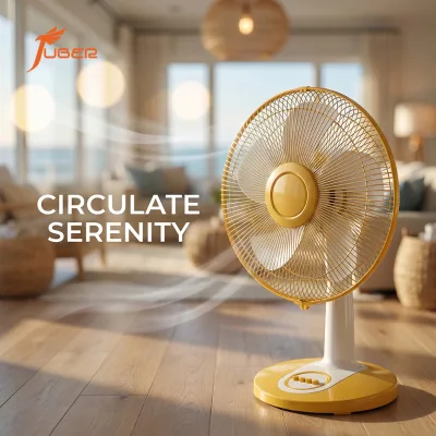 16 Inch Modern Table Fan with 3 Speed Settings, Quiet Stylish Yellow and White Cooling Fan for Living Room Bedroom Office Use