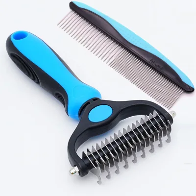 Professional Double Sided Pet Dematting Comb with Stainless Steel Teeth Wide and Fine Grooming Brush for Cats and Dogs Shedding
