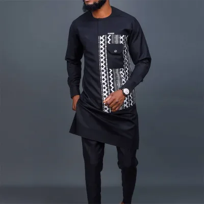 M-4XL African Ethnic Style Men's Set Pocket Design Black Printed Round Neck Long Sleeved Top and Pants Set