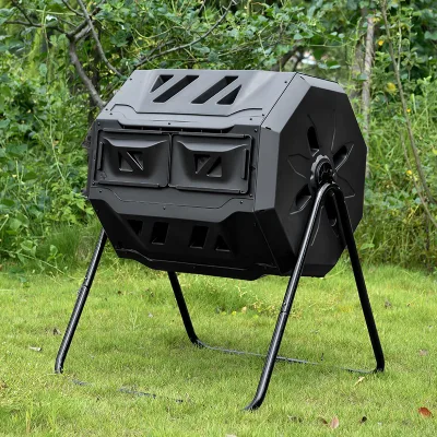 43 Gallon Black Door Outdoor Tumbling Composter Dual Rotating Batch Compost Bin