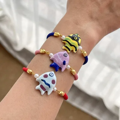 Asu Hand-Painted Ceramic Tropical Fish Bracelet with Faux Pearl & Gold Bead - Boho Beach Summer Jewelry for Women Girls DIY Gift