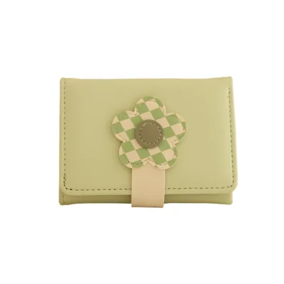 HY6 Chess Grid Small Flower Buckle Women's Cardholder Fashion Short Three Fold Small Coins Wallet PU Nylon Purse