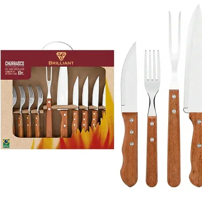 Brilliant OEM Hot Selling 10Pcs Brazilian BBQ Stainless Steel Fork Cutlery Set with Wood Handle Durable Churrasco Grill Utensils