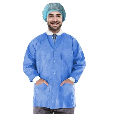 Wholesale Factory Cheap Unisex Blue Disposable PP Lab Coat Hospital Uniforms with Snaps Button and Pockets