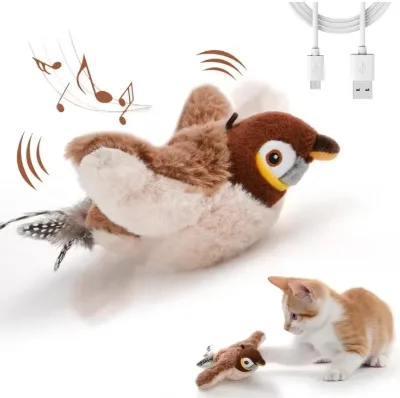 New Eco-friendly Pet Cat Chirping Toy Touch Activated Flapping Wings Simulated Sparrow Bird Interactive USB Rechargeable Soft