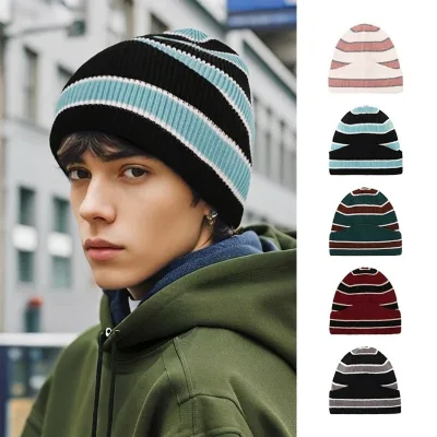Color-matched Striped Knitted Cold Cap for Men & Women Autumn/Winter Warmth Large Headband Contrast Color Trendy Design