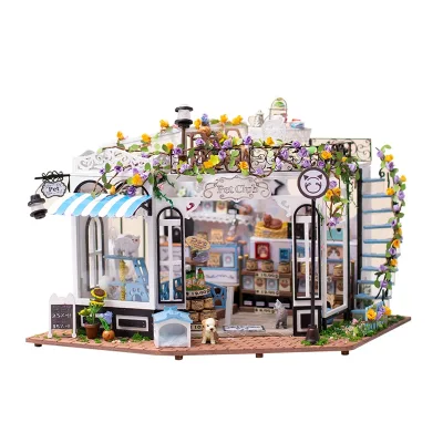 IIECREATE Miniature for Dollhouse Kit Handmade DIY Pet Club Toy Mini Wooden Shop Front House
