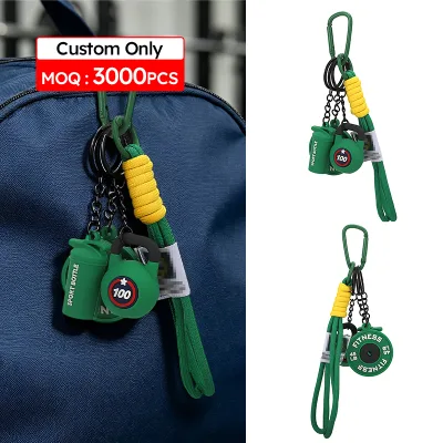 MOQ 3000 Pcs OEM Custom Fashion Silicone Barbell Keychain 3D Dumbbell Gym Fitness Keyring Cute Bag Pendant