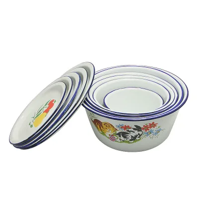 Custom Logo Large Metal Enamel Storage Bowls Lid Wholesale Multiple Sizes Camping Sustainable Food Storage Strawberry Cake