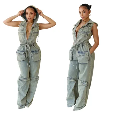 2024 Women's New Hot Sleeveless Hooded Pants Casual Stretch Nostalgic Denim Overalls Women Jumpsuit