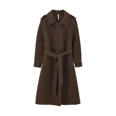 2024 Lady Long Double Faced Solid Woolen Overcoat Belt Winter Double Breasted Cashmere Wool Trench Coat for Women