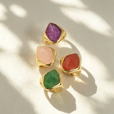 OEM Custom Jewelry Natural Amethyst Quartz Heart Ring Ins Style Faceted Gemstone Crystal Open Ring 18k Gold Plated Brass Jewelry