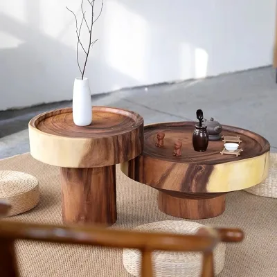 Japanese Solid Pine Wood Coffee Table Wabi-sabi Hotel Furniture Round Combination Coffee Table for Sofa Center