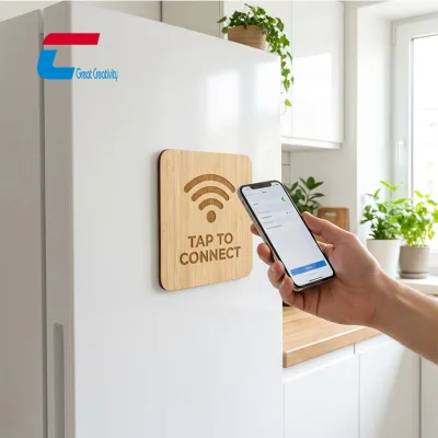 Wood NFC WiFi Magnet NTAG213 Laser Engraved Tap to Connect Fridge NFC Tag for Hotel WiFi Login Sign