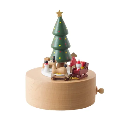 Creative Fun Christmas Carousel Music Box Customizable Wind-up Beech Wooden Toy for Kids Popular Lovely Movable Music Box