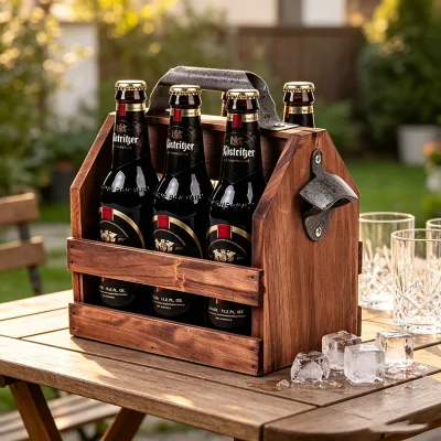 Wooden Painted Folk Art Bottle Caddy 6-Pack Beer Carrier Built-In Metal Bottle Opener Beer Buckets Drink Holder Liquor Bottle