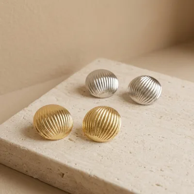 Retro Chunky Stripe Textured Round Domed Stud Earring Trendy Gold Plated Trendy Wear Gold Plated Earrings