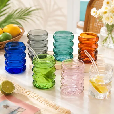 Wholesale Spiral Glass Cups, Textured Glass Cups, Wavy Bubble Cups, Creative Vintage Iced Coffee Bubble Glass Cups