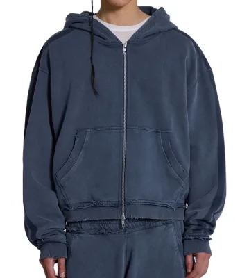 Custom Manufacturer Zip-up Heavyweight Men's Distressed Hoodie Stripe Side Washed Raw-Hem Boxy Hoodie for Men Street Style