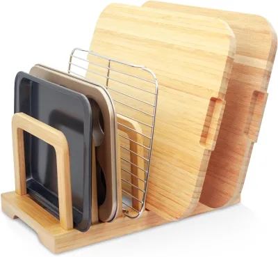 Bamboo 5-Slot Adjustable Cutting Board Rack Tray Organizer with Non-Slip Pads for Kitchen Storage Save Space