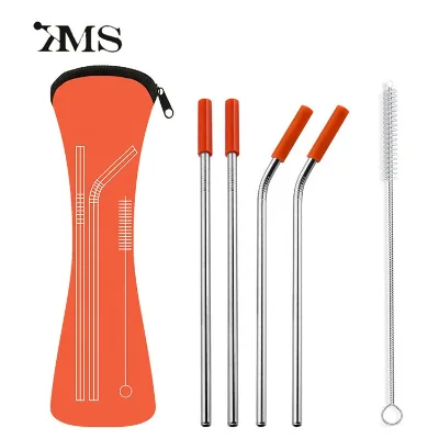 304 Drinking Stainless Steel Reusable Metal Straw With Silicone Tips Brush