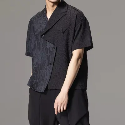 Men's Short Sleeve Shirt with Notch Lapel - Designer Patchwork Casual Shirt Summer New Release