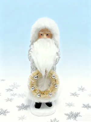 Christmas Santa Claus Figurine White Plush Tabletop Ornament with Decorative Wreath Festive Home Decoration