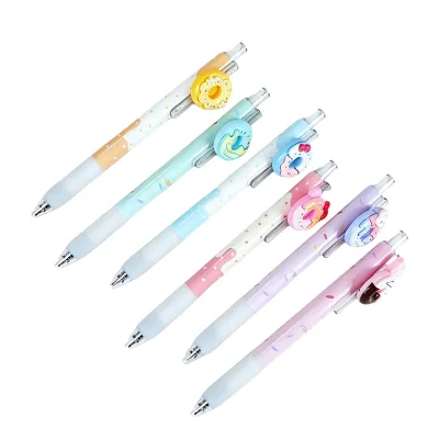 Cute Donut Decor Retractable Gel Pen 0.5mm Black Ink Click Gel Pen Lovely Cartoon Patch Ballpoint Pen for Student School