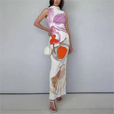 2024 Summer Slim Fashion Long Dress Round Neck Sleeveless Long Bodycon Dress Elegant Women Printed Causal Maxi Dress