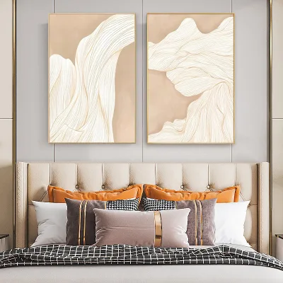 Minimalist Beige Abstract Line Wall Art Wabi Sabi Framed Canvas Painting Modern Neutral Living Room Home Decor