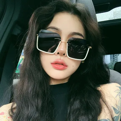 01 High-End Women's UV Protection Sunglasses Square Face Slim Black Frame Trendy Half-Frame Sunscreen All White Showing Face