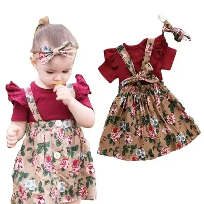 Toddler Girls Clothing Baby Girl Dress Solid Color Pleated Shoulder Romper Plus Small Floral Print Suspender Skirt