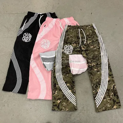 Custom Stripe Embroidery Zip up Pocket Vintage Y2k Casual Double Sided Baggy Nylon Track Pants Men