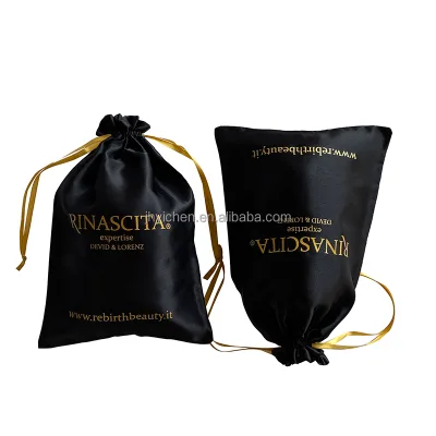 Custom Gold Logo Black Silk Drawstring Pipe Cleaners Bags Satin Pajamas Dust Pouches