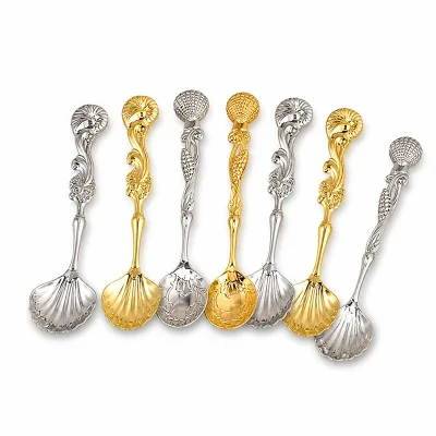 Modern Zinc Alloy Engraved Dinnerware Sets Seashell Design Silver Gold Polished Scrollwork Tea Coffee Sugar Antique Spoon