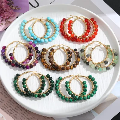 Handmade Crystal Earrings for Women Wire Wrapped Stone Round Beads Eardrop Boho Dangling Earrings Healing Crystals Earrings