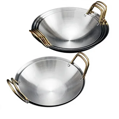 Non-Magnetic Stainless Steel Wok Pan Brushed Finish Double Handle Gold Brass Cooking Fry Pan Korean Chinese Style Source Factory